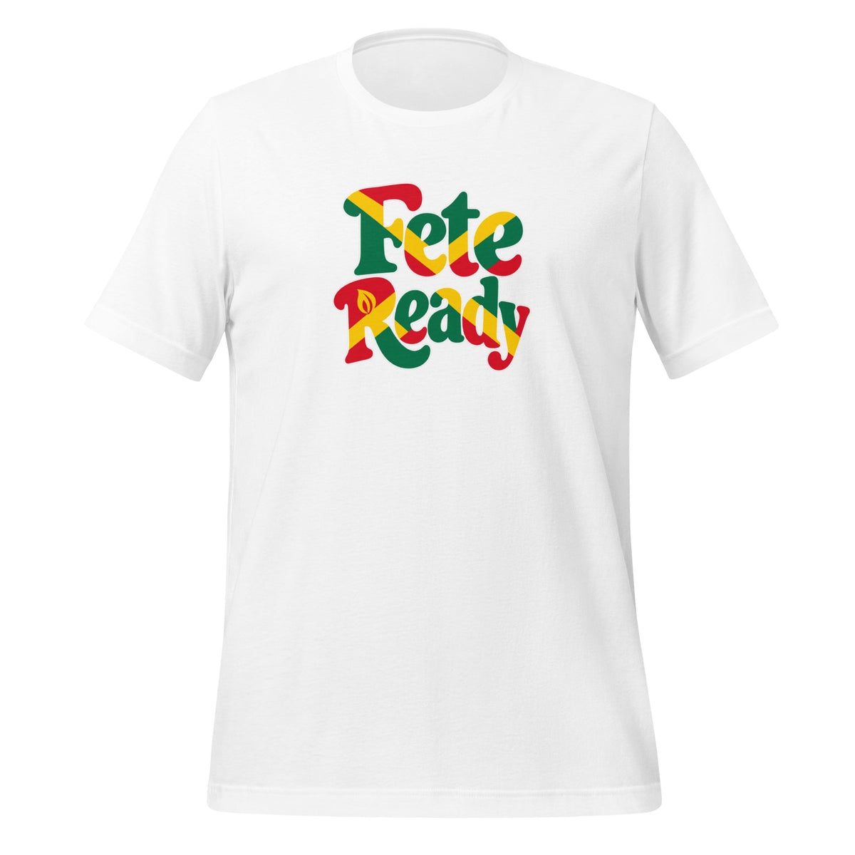 White unisex t-shirt with "Fete Ready" in retro bubble letters in Grenada red, yellow and green - everyday Caribbean culture streetwear.