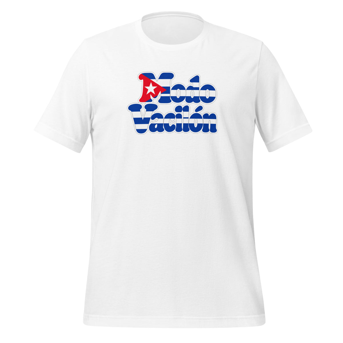 White unisex staple t-shirt featuring "Modo Vacilón" in Cuba flag colors blue, white and red - Roots by GTees everyday Cuban heritage shirt, culture you wear everyday.